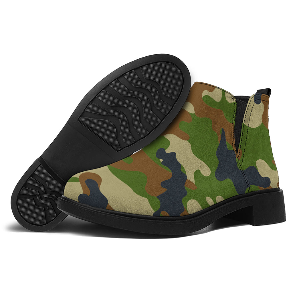 Military Green Camouflage Print Flat Ankle Boots