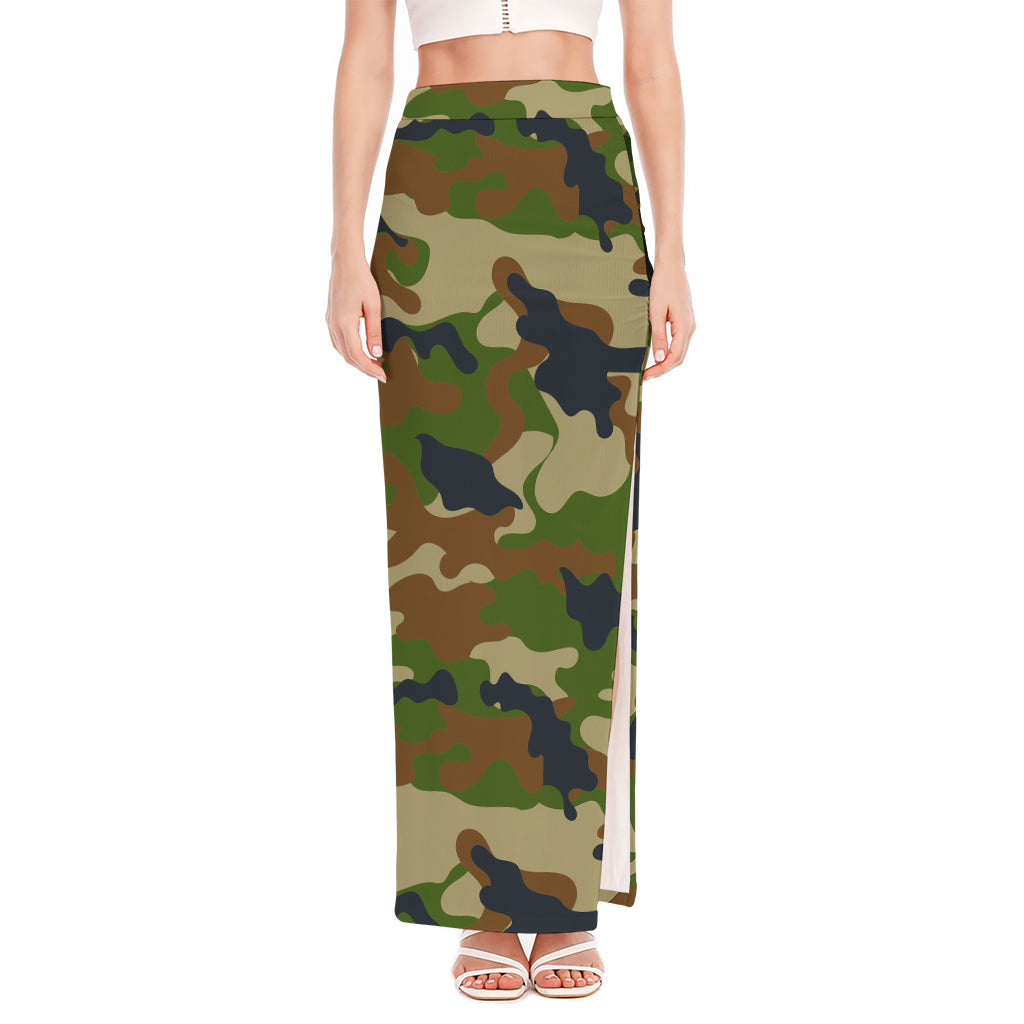 Military Green Camouflage Print High Slit Maxi Skirt
