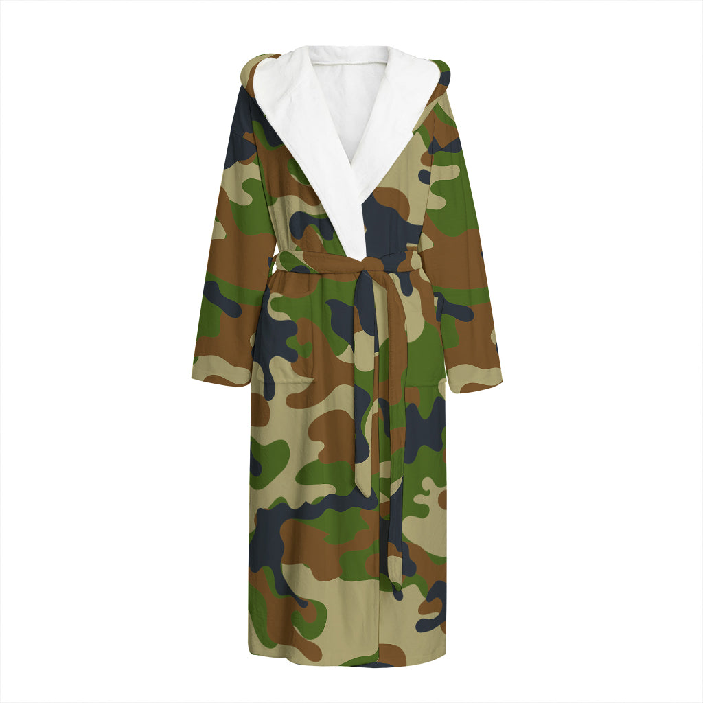 Military Green Camouflage Print Hooded Bathrobe