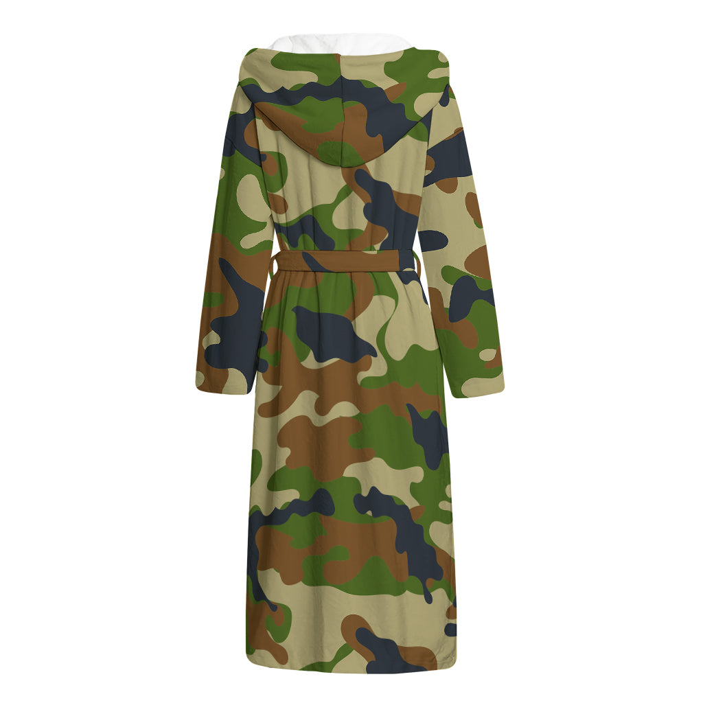 Military Green Camouflage Print Hooded Bathrobe