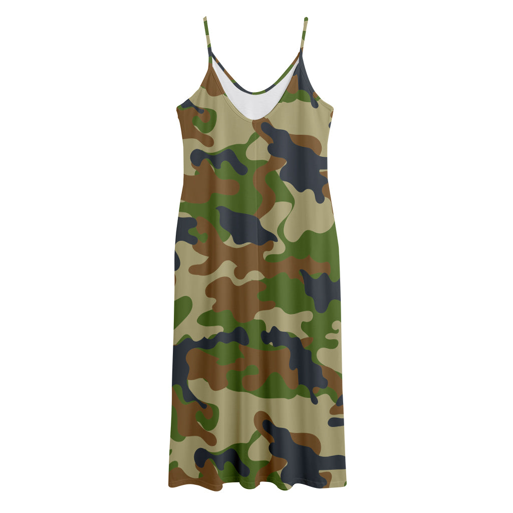 Military Green Camouflage Print Jersey Midi Cami Dress