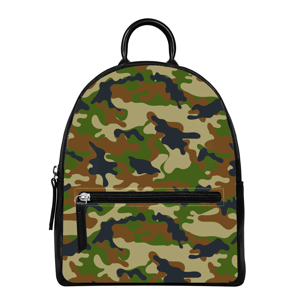Military Green Camouflage Print Leather Backpack