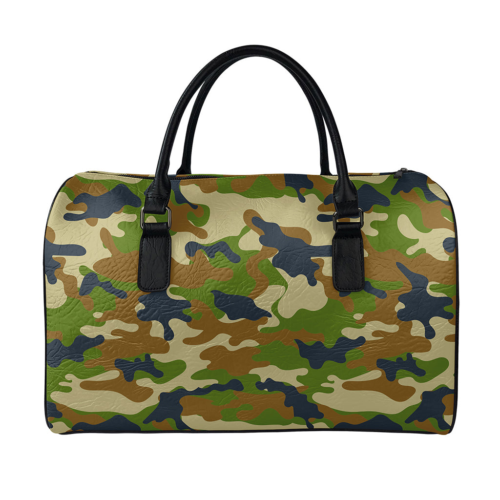Military Green Camouflage Print Leather Duffle Bag