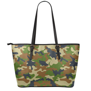 Military Green Camouflage Print Leather Tote Bag