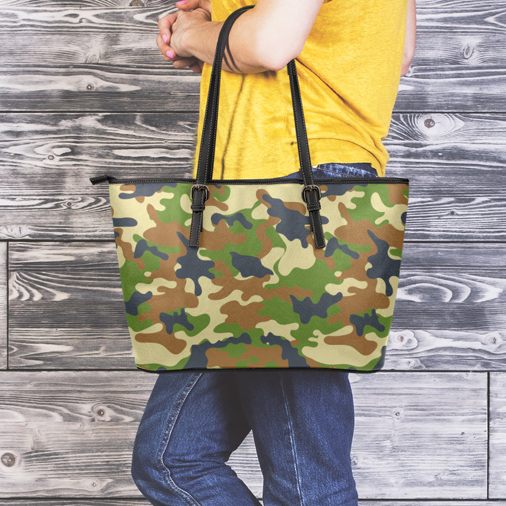 Military Green Camouflage Print Leather Tote Bag