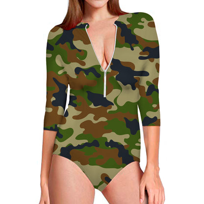 Military Green Camouflage Print Long Sleeve Swimsuit