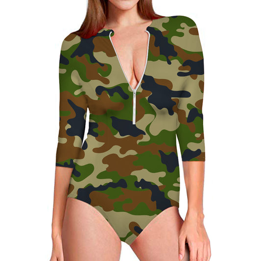Military Green Camouflage Print Long Sleeve Swimsuit
