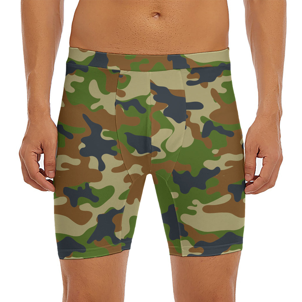 Military Green Camouflage Print Men's Long Boxer Briefs