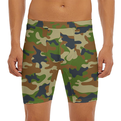 Military Green Camouflage Print Men's Long Boxer Briefs