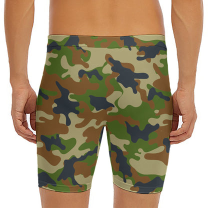 Military Green Camouflage Print Men's Long Boxer Briefs