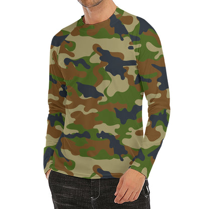Military Green Camouflage Print Men's Long Sleeve Rash Guard