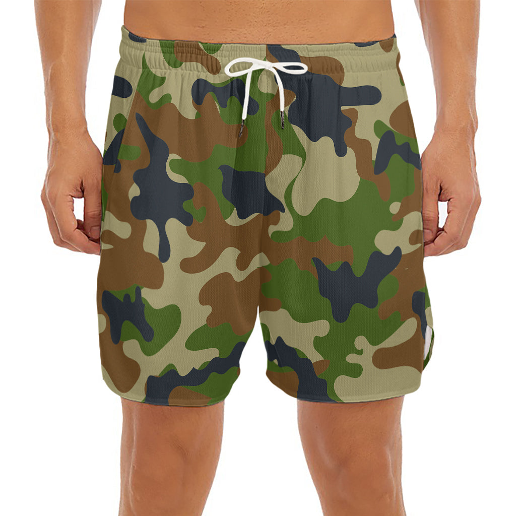 Military Green Camouflage Print Men's Split Running Shorts
