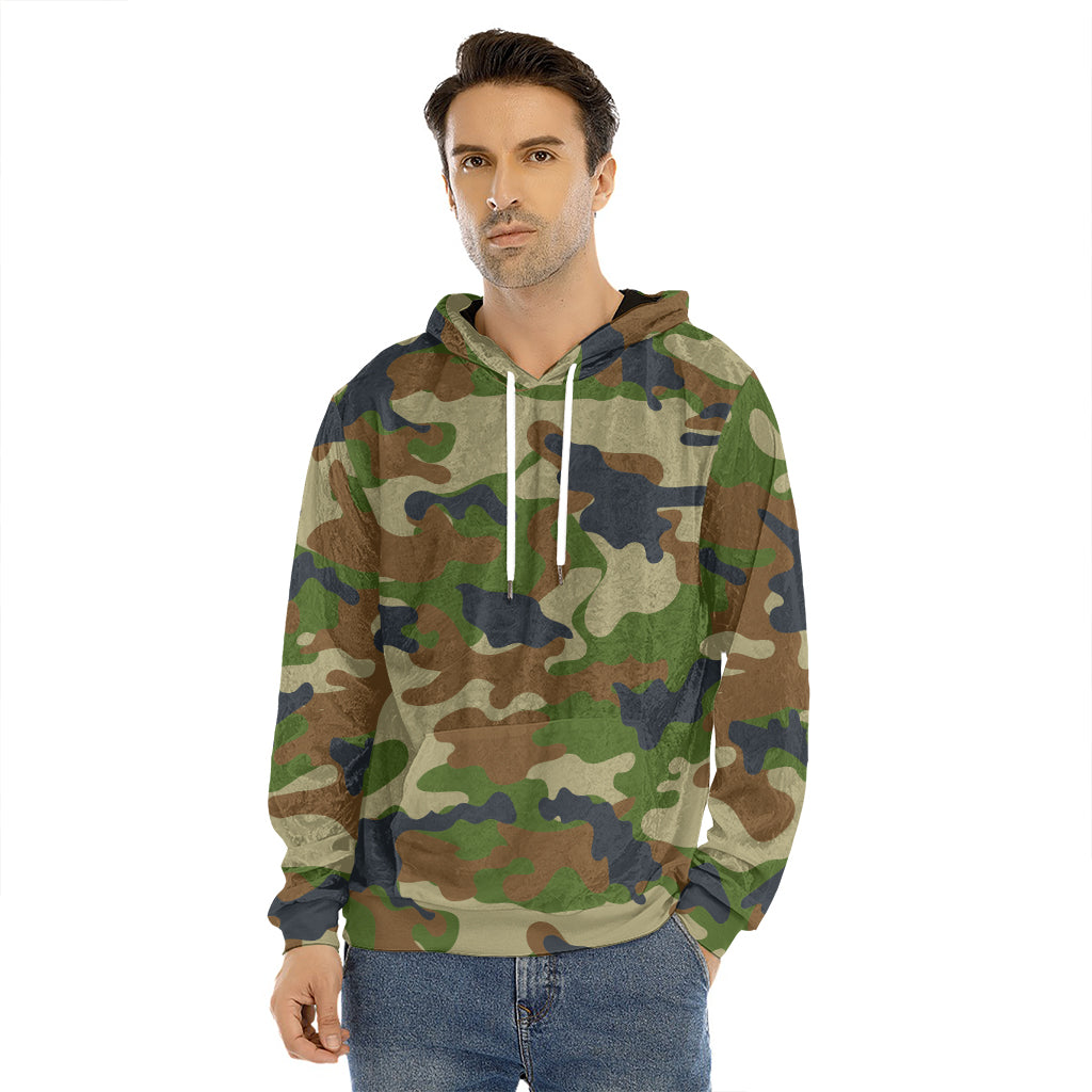 Military Green Camouflage Print Men's Velvet Pullover Hoodie