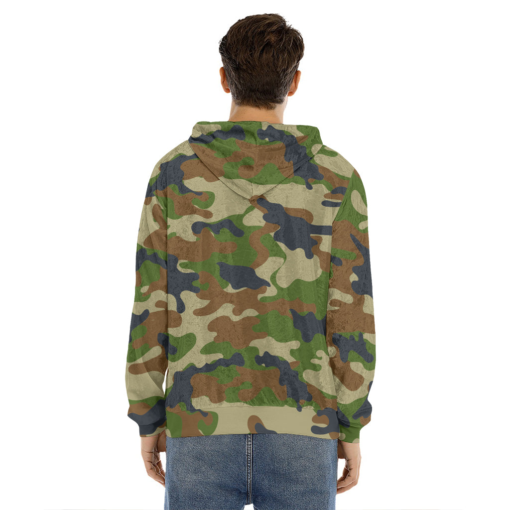 Military Green Camouflage Print Men's Velvet Pullover Hoodie