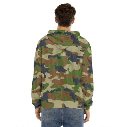 Military Green Camouflage Print Men's Velvet Pullover Hoodie