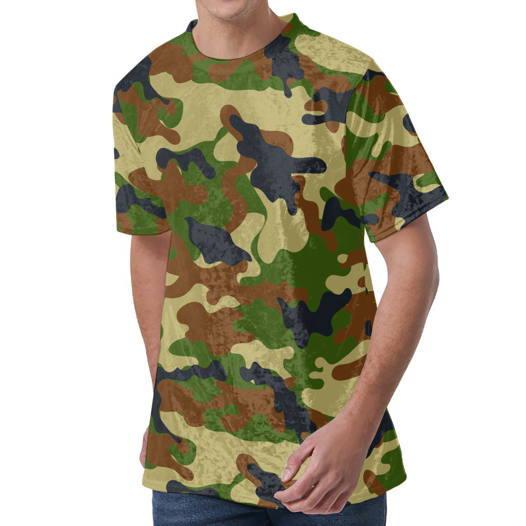 Military Green Camouflage Print Men's Velvet T-Shirt