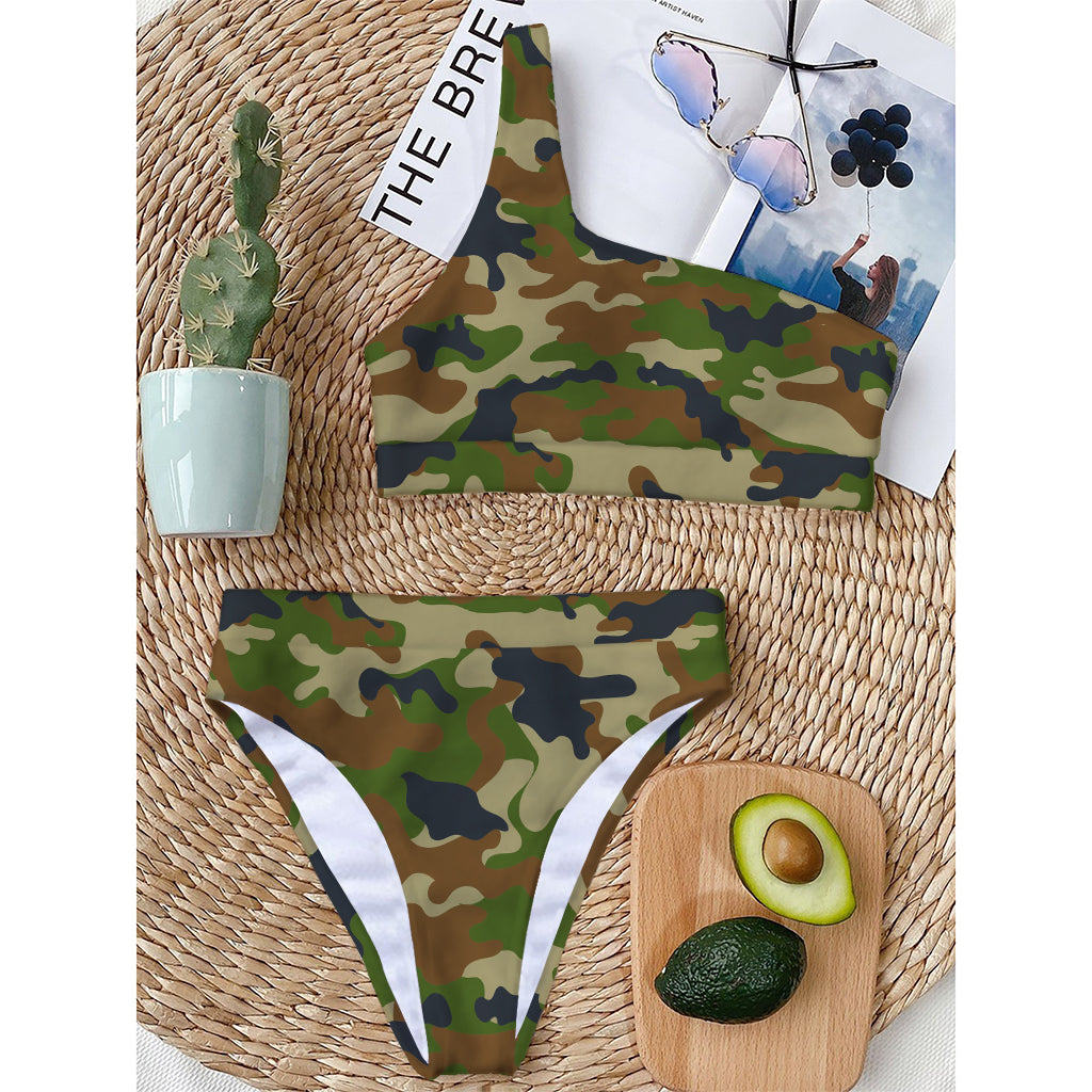 Military Green Camouflage Print One Shoulder Bikini Top