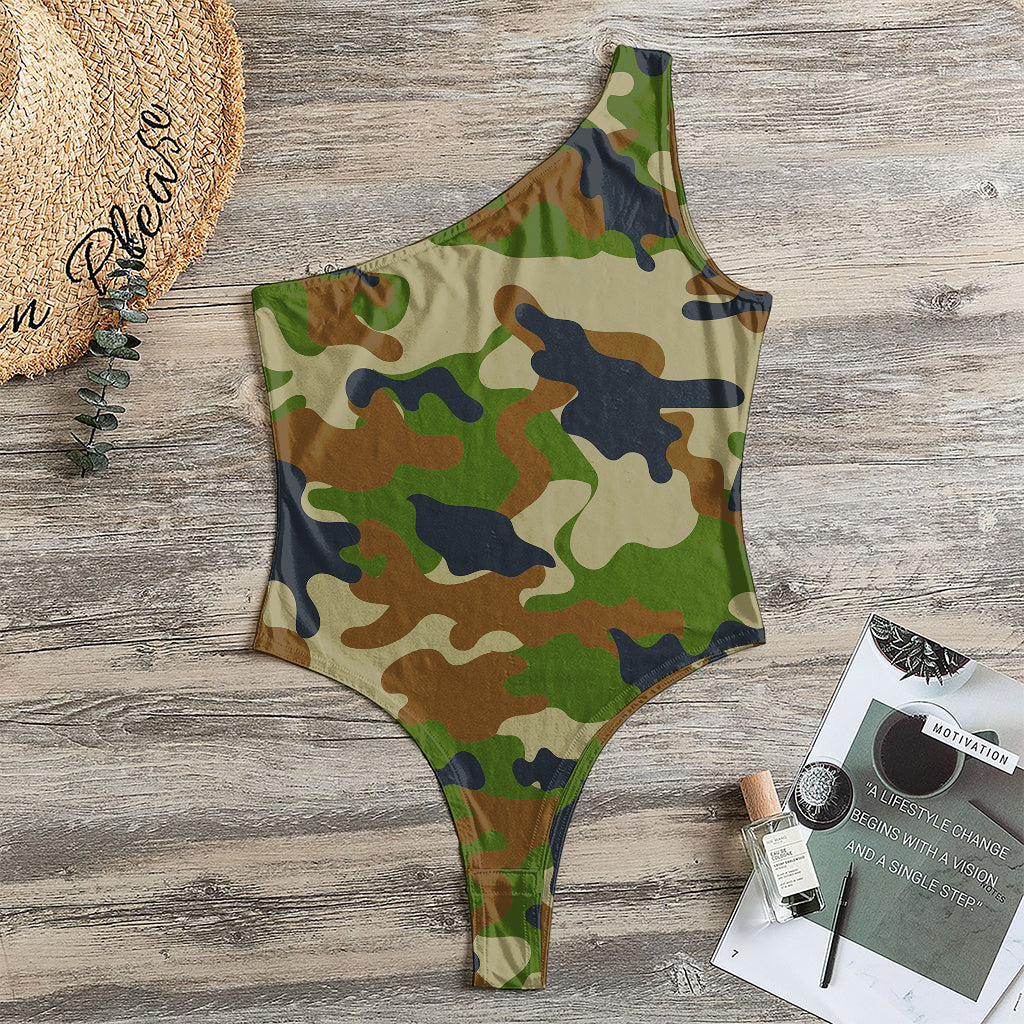 Military Green Camouflage Print One Shoulder Bodysuit