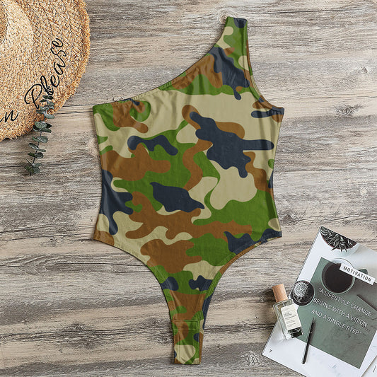 Military Green Camouflage Print One Shoulder Bodysuit
