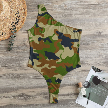 Military Green Camouflage Print One Shoulder Bodysuit