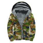 Military Green Camouflage Print Sherpa Lined Zip Up Hoodie