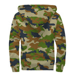 Military Green Camouflage Print Sherpa Lined Zip Up Hoodie