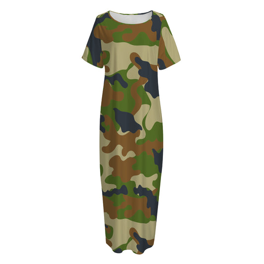 Military Green Camouflage Print Short Sleeve Long Nightdress