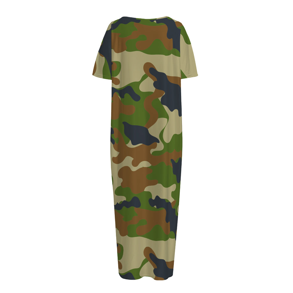 Military Green Camouflage Print Short Sleeve Long Nightdress