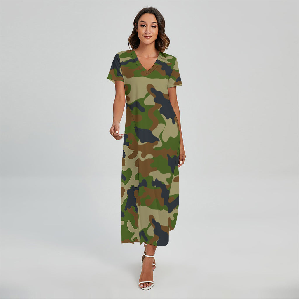 Military Green Camouflage Print Short Sleeve Maxi Dress