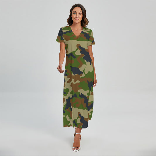 Military Green Camouflage Print Short Sleeve Maxi Dress