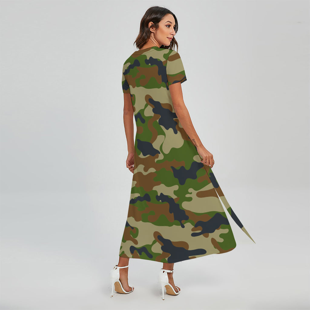 Military Green Camouflage Print Short Sleeve Maxi Dress