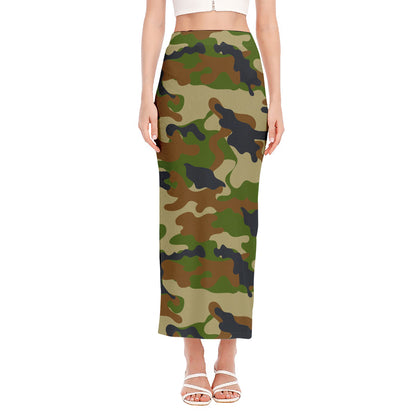 Military Green Camouflage Print Side Slit Maxi Skirt