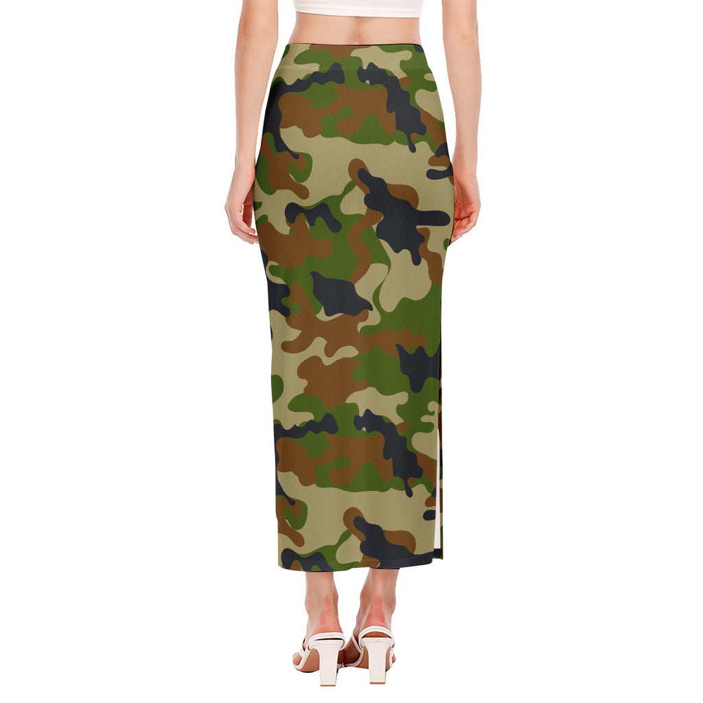 Military Green Camouflage Print Side Slit Maxi Skirt