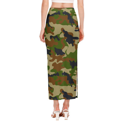 Military Green Camouflage Print Side Slit Maxi Skirt