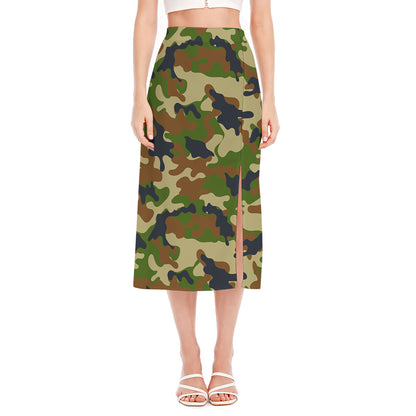 Military Green Camouflage Print Side Slit Midi Skirt