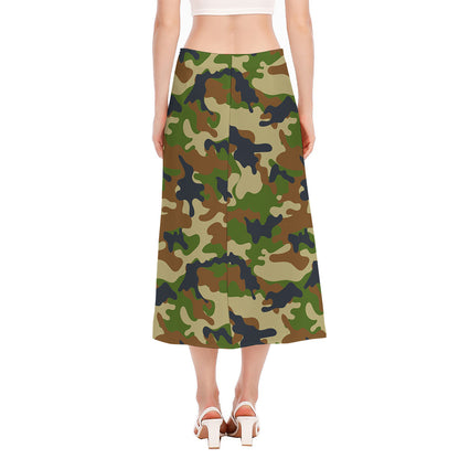 Military Green Camouflage Print Side Slit Midi Skirt