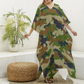 Military Green Camouflage Print Silk V-Neck Kaftan Dress