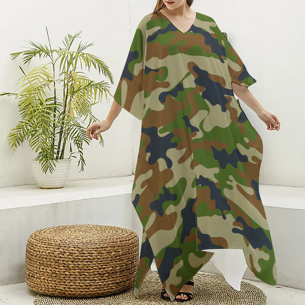 Military Green Camouflage Print Silk V-Neck Kaftan Dress