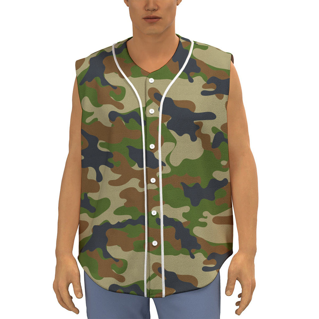Military Green Camouflage Print Sleeveless Baseball Jersey