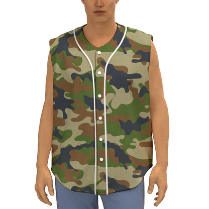 Military Green Camouflage Print Sleeveless Baseball Jersey