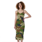 Military Green Camouflage Print Slim Fit Midi Cami Dress