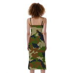 Military Green Camouflage Print Slim Fit Midi Cami Dress