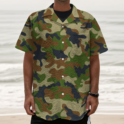 Military Green Camouflage Print Textured Short Sleeve Shirt
