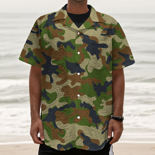 Military Green Camouflage Print Textured Short Sleeve Shirt