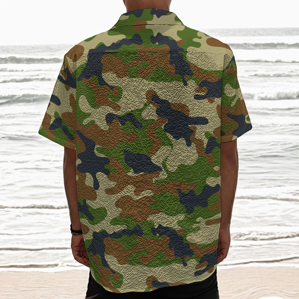 Military Green Camouflage Print Textured Short Sleeve Shirt