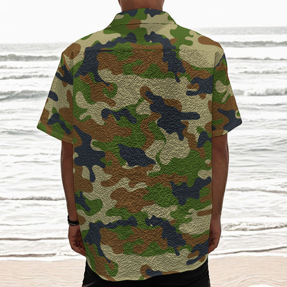 Military Green Camouflage Print Textured Short Sleeve Shirt