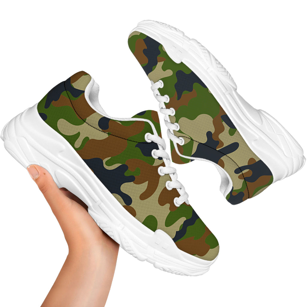Military Green Camouflage Print White Chunky Shoes