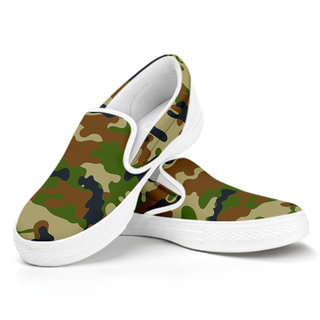 Military Green Camouflage Print White Slip On Sneakers