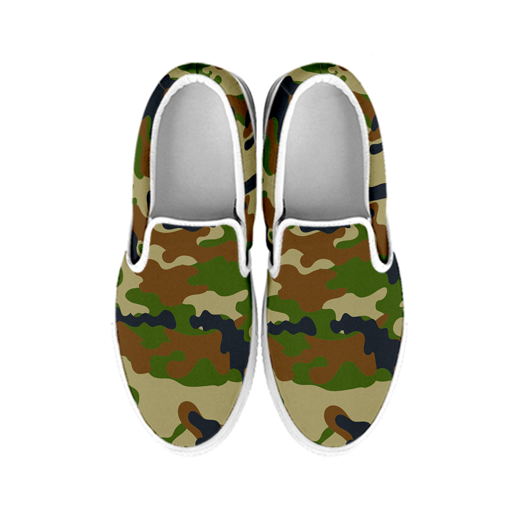 Military Green Camouflage Print White Slip On Sneakers