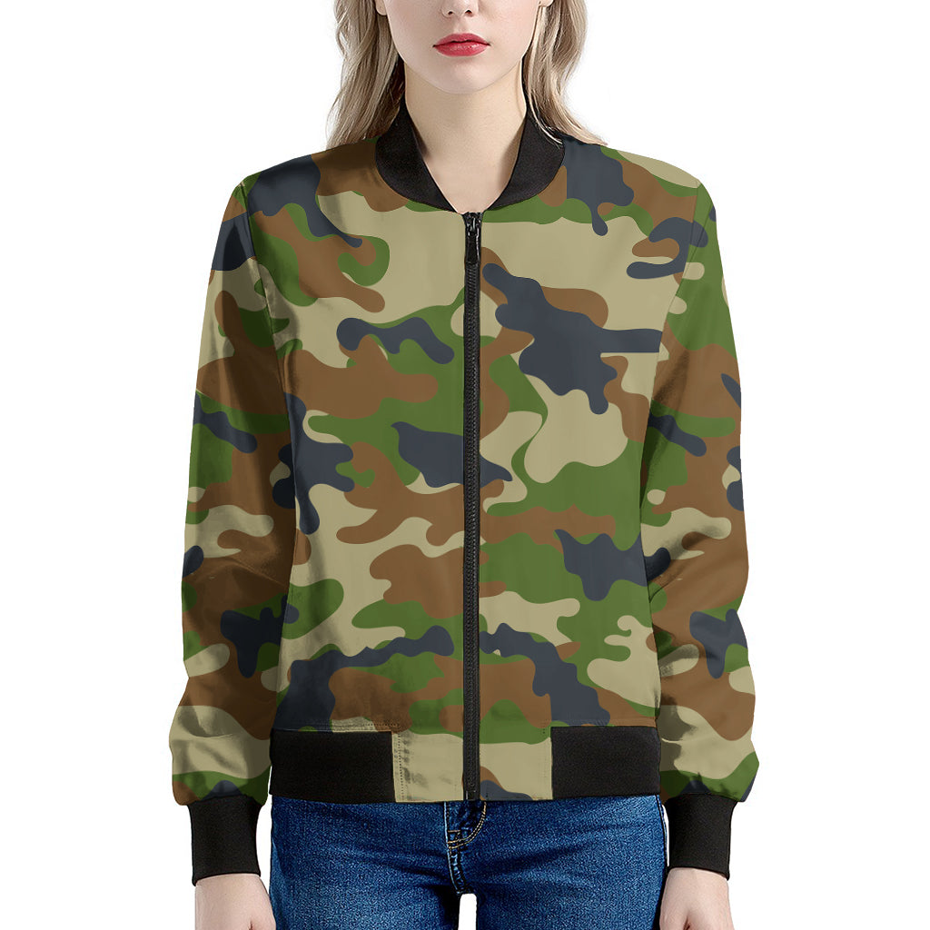 Military Green Camouflage Print Women's Bomber Jacket